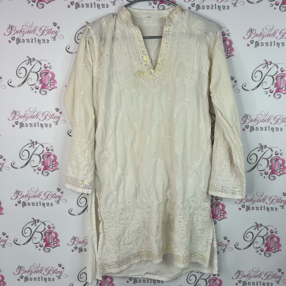 Bollywood dress sequins sparkly Elegant Cream Embroidered Tunic